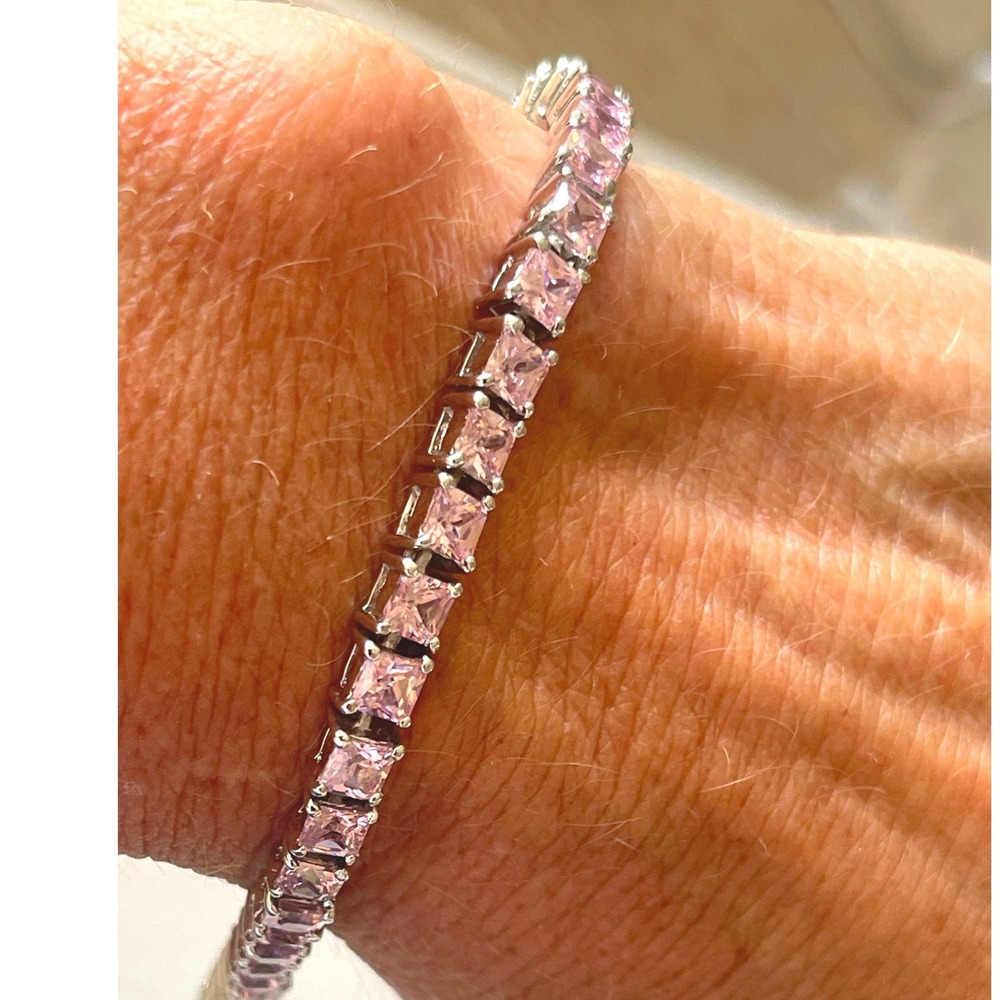 Vintage 925 Sterling Silver Pink CZ Princess Cut Tennis Bracelet 7.5"